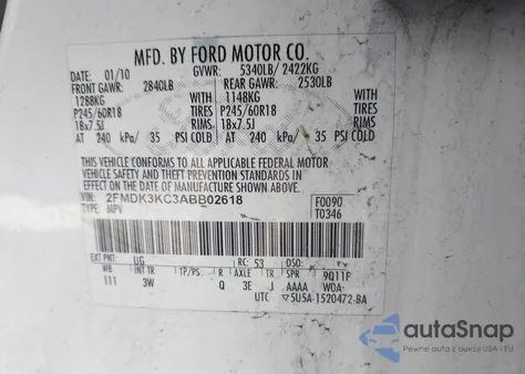 2010 Ford Edge Limited from USA, damaged, VIN 2FMDK3KC3ABB02618